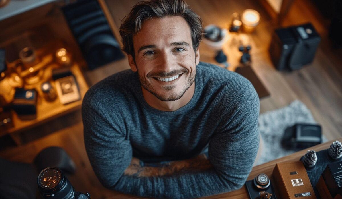 Homme souriant entouré d'équipements photo dans un atelier chaleureux