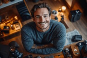 Homme souriant entouré d'équipements photo dans un atelier chaleureux
