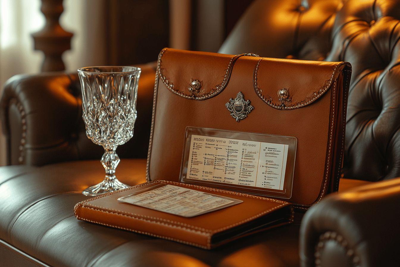 Serviette en cuir avec documents et verre sur fauteuil en cuir