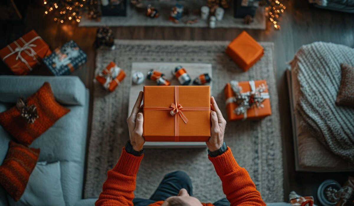 Mains tenant un cadeau orange entouré de décorations festives