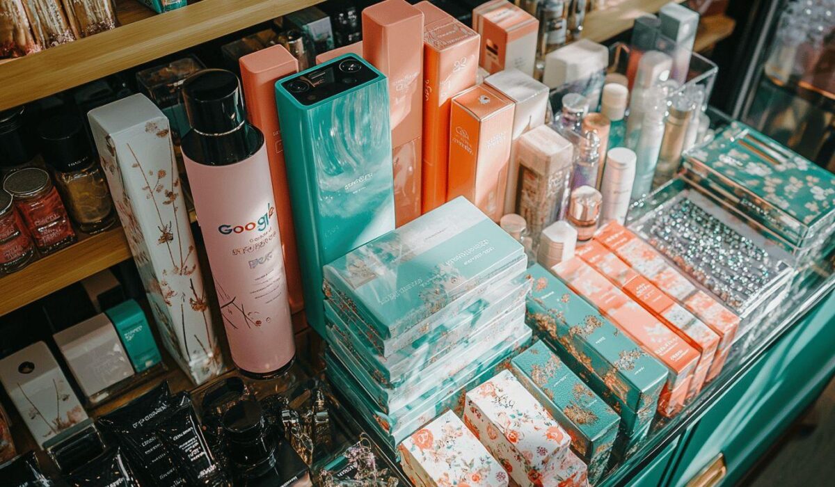 Rangée de boîtes et flacons cosmétiques aux tons pastels et turquoise