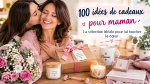 Cadeaux pour maman présentés autour d’une mère et sa fille qui s’enlacent, avec fleurs, coffret cadeau et objets bien-être.