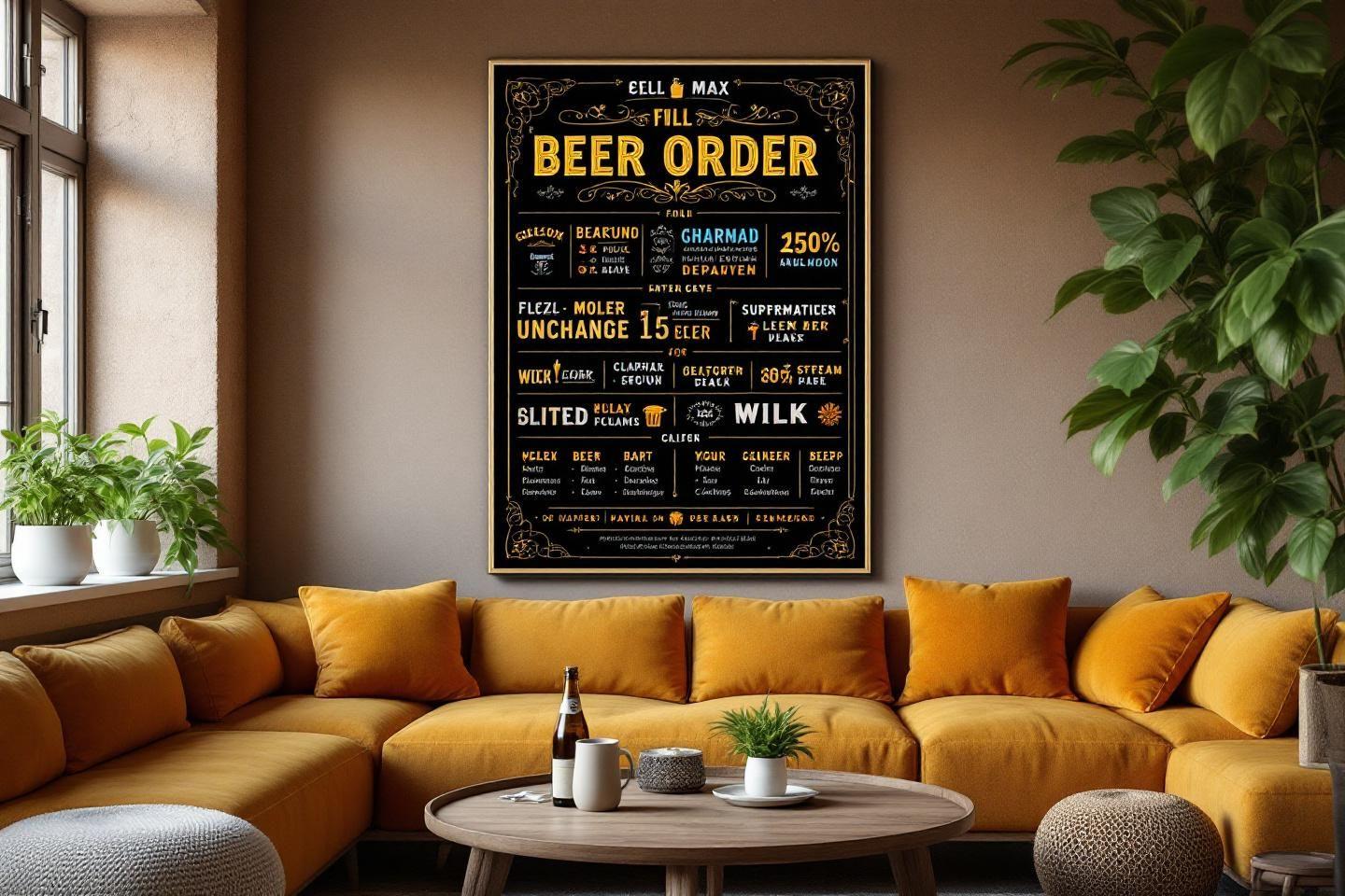 Poster vintage de commande de bière avec canapé jaune