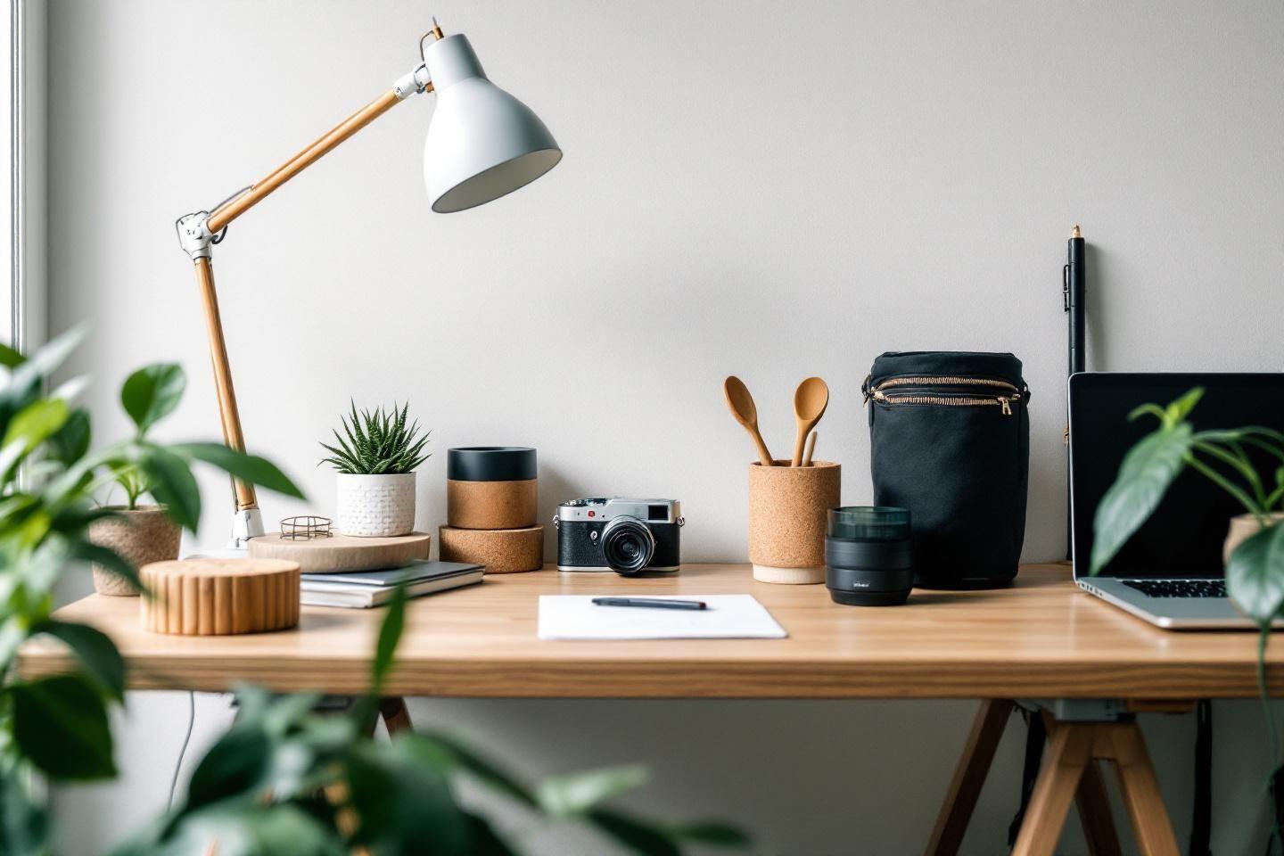 Espace de travail épuré avec lampe, plantes, appareil photo et ordinateur