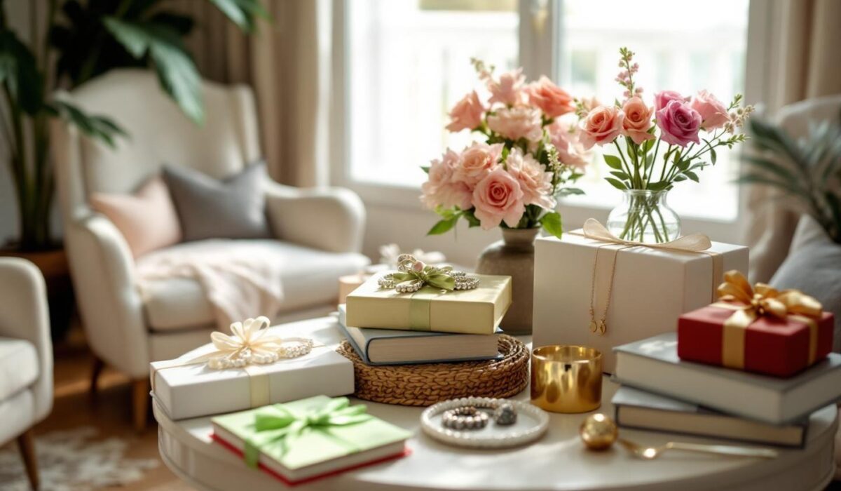 Table avec cadeaux, livres, fleurs et objets décoratifs