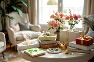Table avec cadeaux, livres, fleurs et objets décoratifs