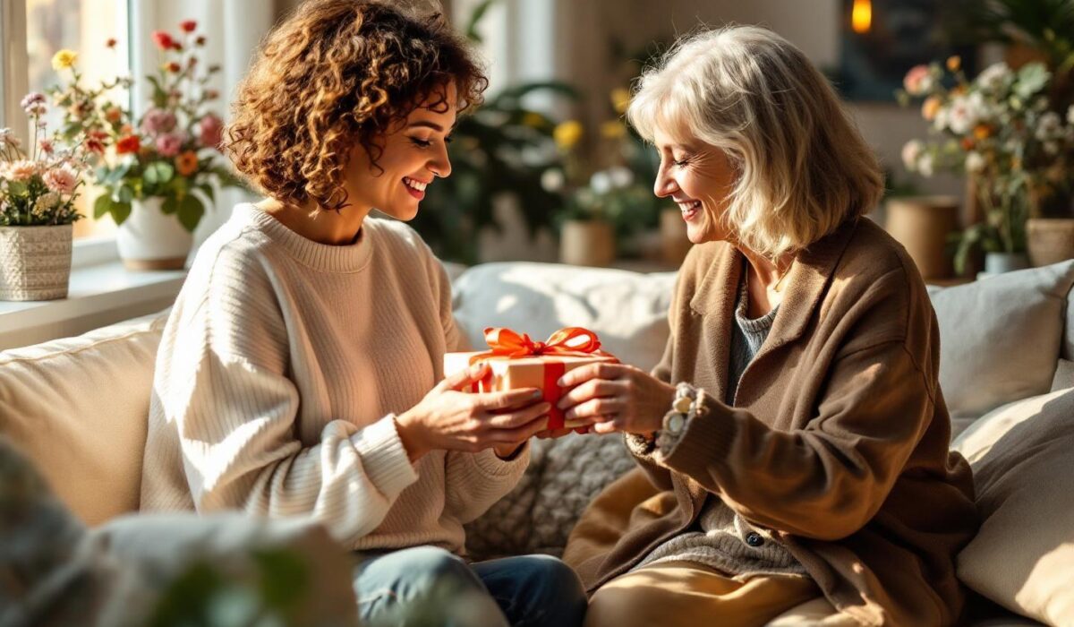 Deux femmes souriantes échangeant un cadeau dans un salon lumineux