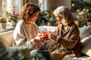Deux femmes souriantes échangeant un cadeau dans un salon lumineux