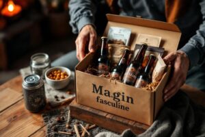 Boîte en carton avec bouteilles de bière et accessoires