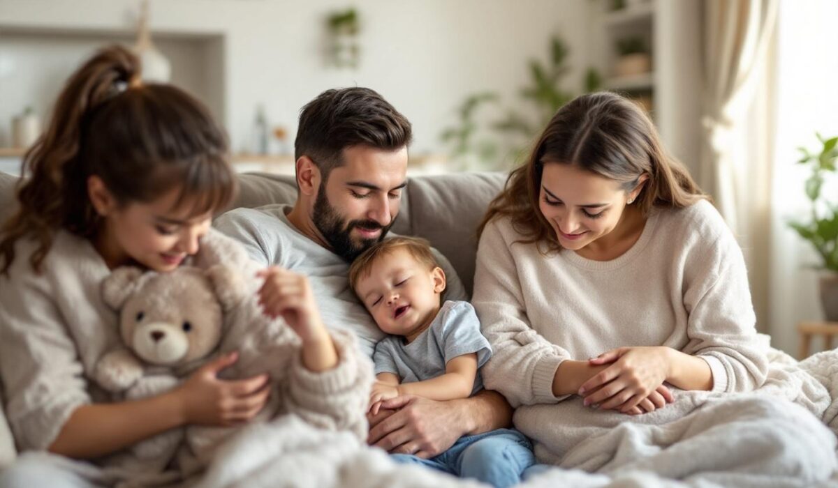 Parents et enfants blottis ensemble, moment de douceur