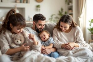 Parents et enfants blottis ensemble, moment de douceur