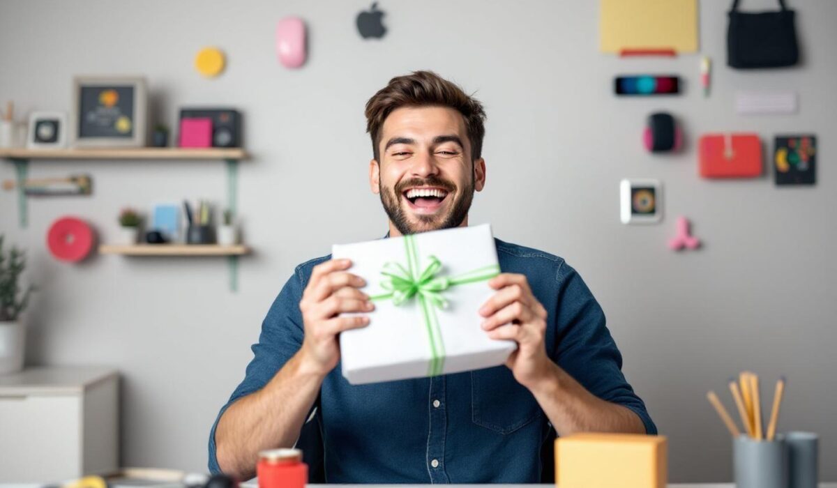 Homme souriant tenant un cadeau avec un nœud vert