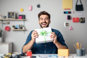 Homme souriant tenant un cadeau avec un nœud vert