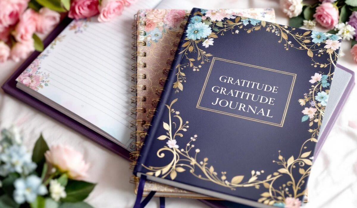 Deux carnets fleuris avec un journal de gratitude sur des roses