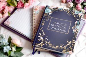 Deux carnets fleuris avec un journal de gratitude sur des roses
