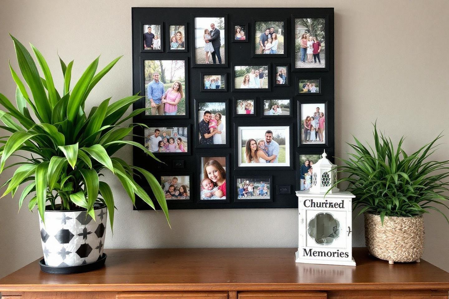 Mur avec pêle-mêle de photos de famille et plantes vertes