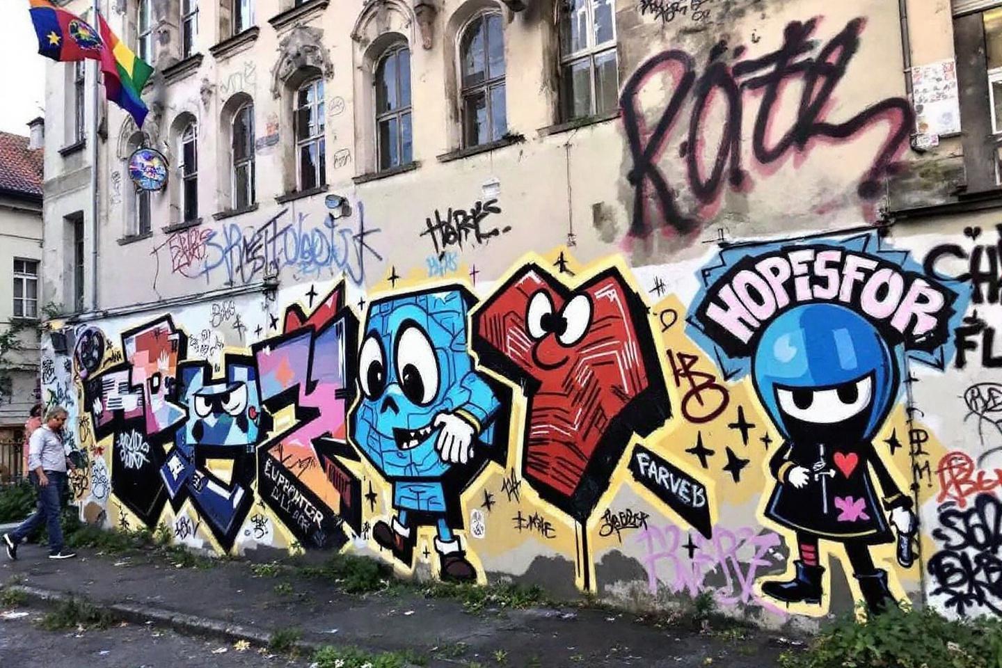 Mur de graffitis avec personnages cartoon bleus, rouges et noirs