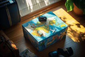 Boîte décorée avec carte du monde, appareil photo et avion miniature