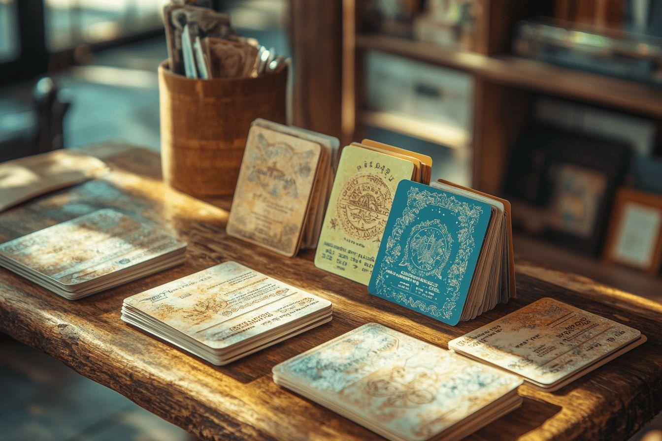 Cartes anciennes colorées disposées sur un bureau en bois