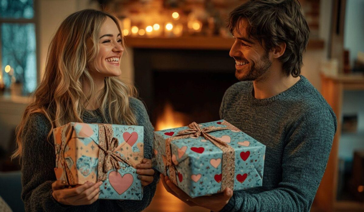 Couple souriant échangeant des cadeaux décorés de cœurs près d'une cheminée