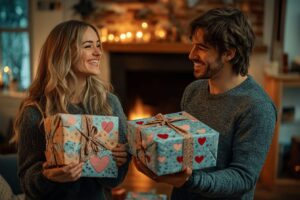 Couple souriant échangeant des cadeaux décorés de cœurs près d'une cheminée
