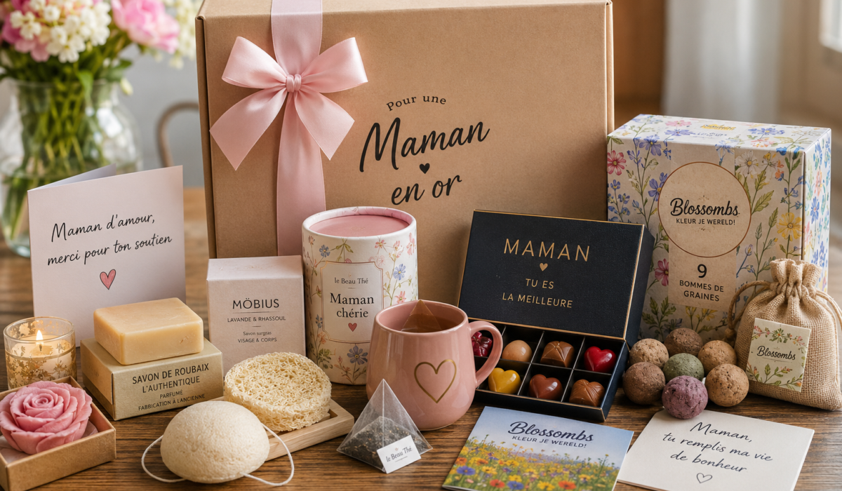 Coffret cadeau d’anniversaire pour maman avec chocolats, thé, savons, bougie et bombes à graines
