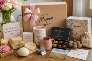 Coffret cadeau d’anniversaire pour maman avec chocolats, thé, savons, bougie et bombes à graines