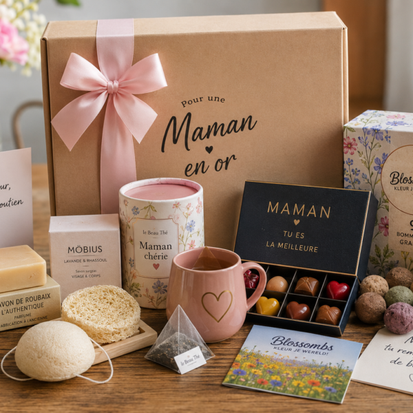 Coffret cadeau d’anniversaire pour maman avec chocolats, thé, savons, bougie et bombes à graines