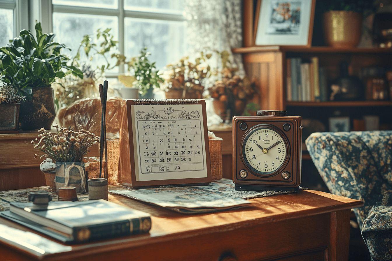 Bureau vintage avec calendrier, horloge et plantes près de la fenêtre