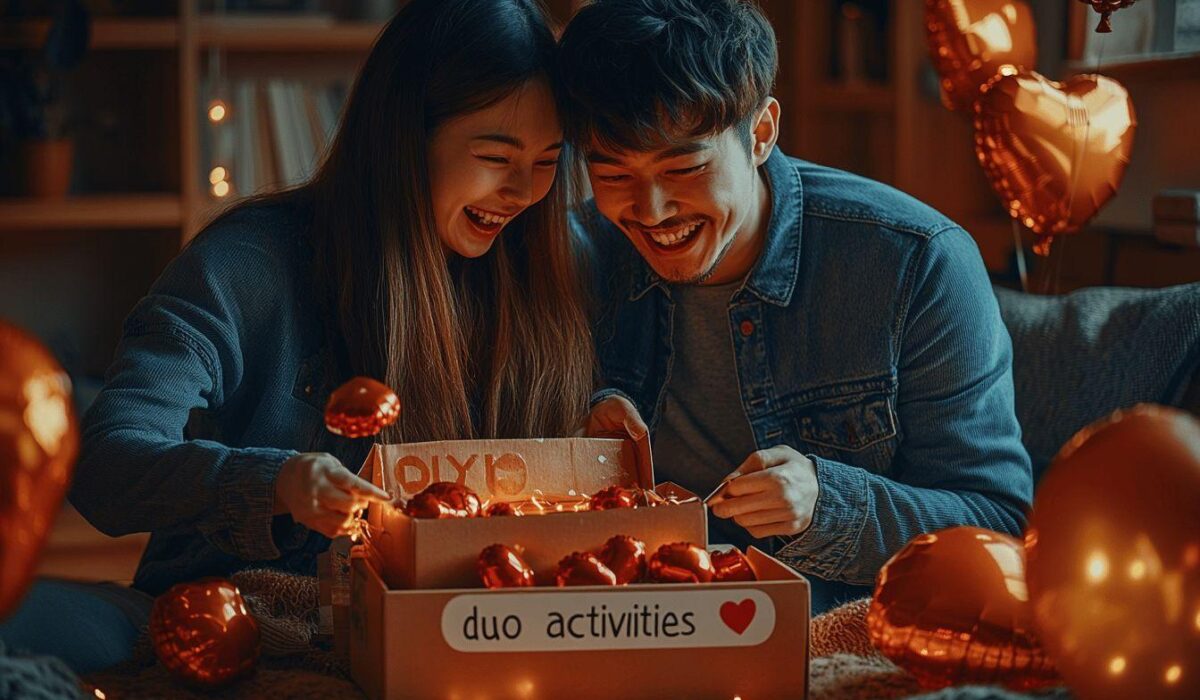 Couple souriant, boîte de cadeaux, ballons dorés, ambiance chaleureuse