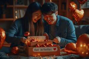 Couple souriant, boîte de cadeaux, ballons dorés, ambiance chaleureuse