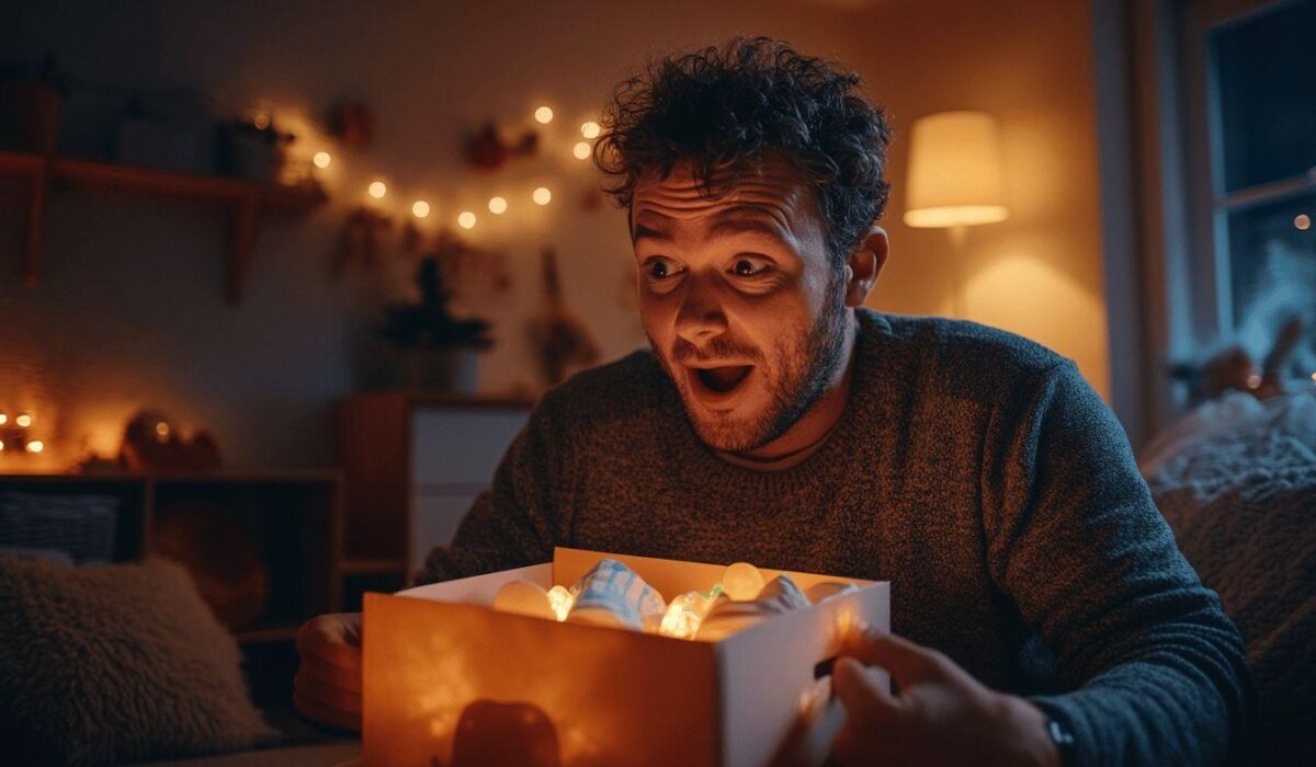Homme aux cheveux bouclés regardant une boîte cadeau lumineuse