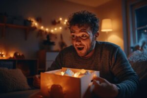 Homme aux cheveux bouclés regardant une boîte cadeau lumineuse