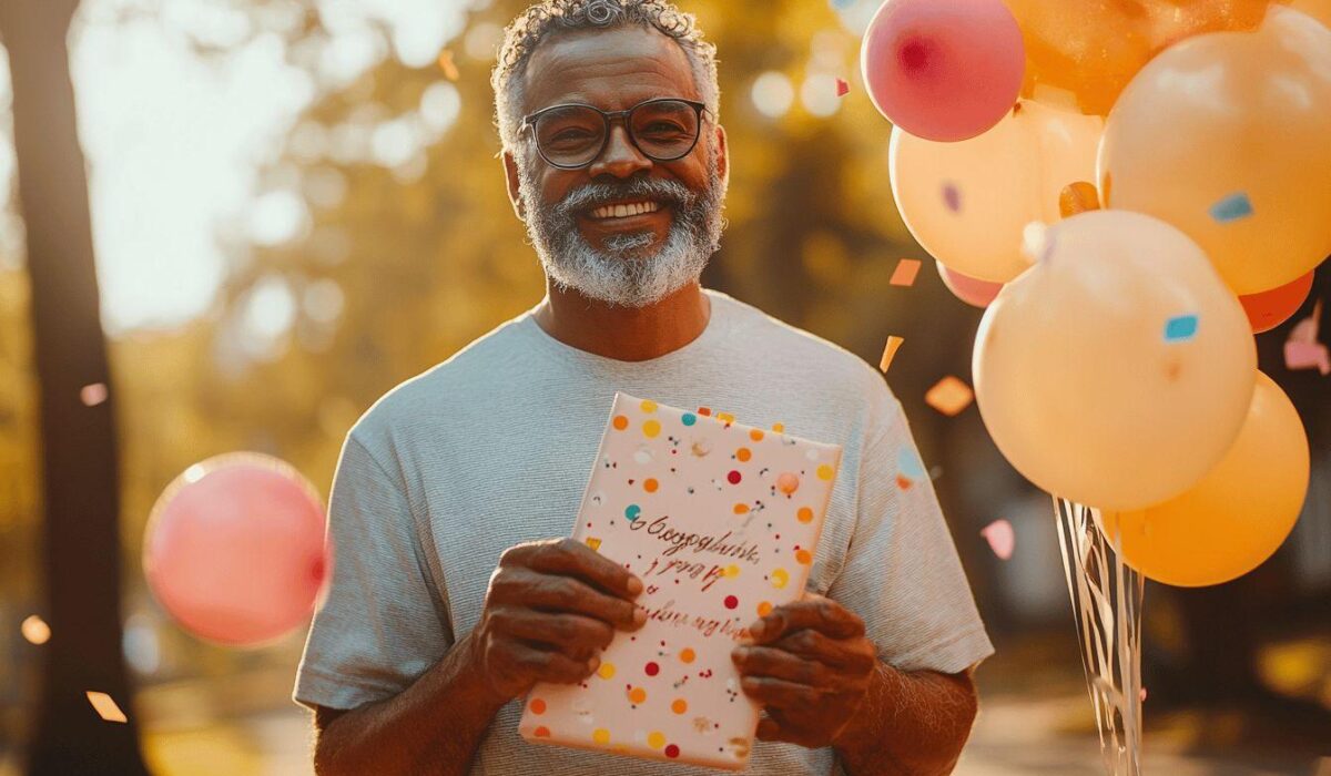 Homme âgé tenant une carte entouré de ballons colorés