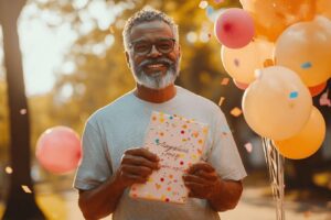 Homme âgé tenant une carte entouré de ballons colorés