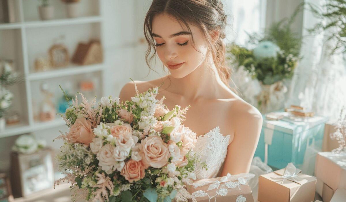 Femme en robe de mariée tenant un bouquet de fleurs pastel