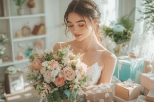Femme en robe de mariée tenant un bouquet de fleurs pastel