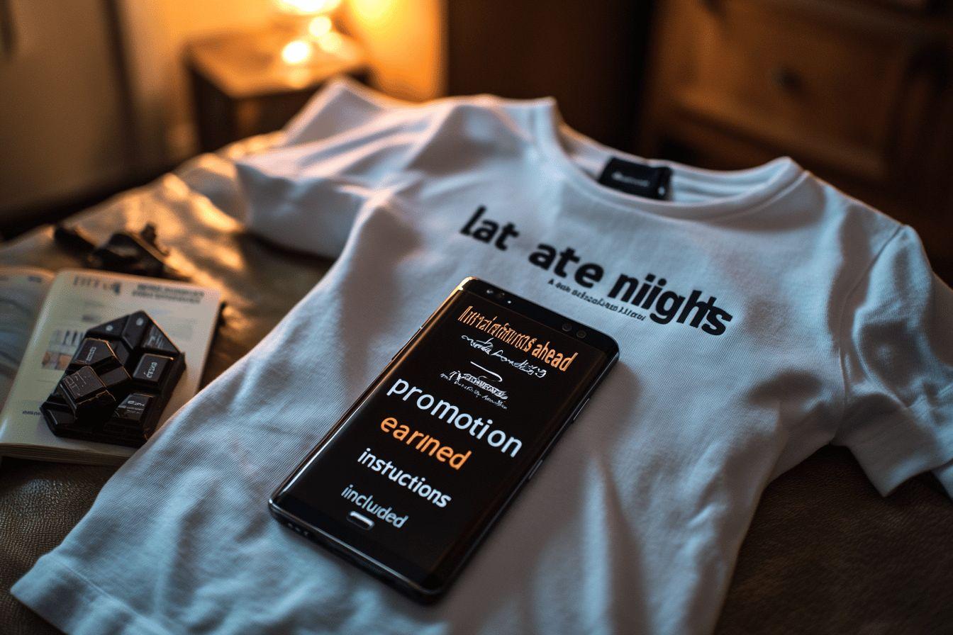 T-shirt blanc, smartphone et touches d'ordinateur dans une ambiance tamisée