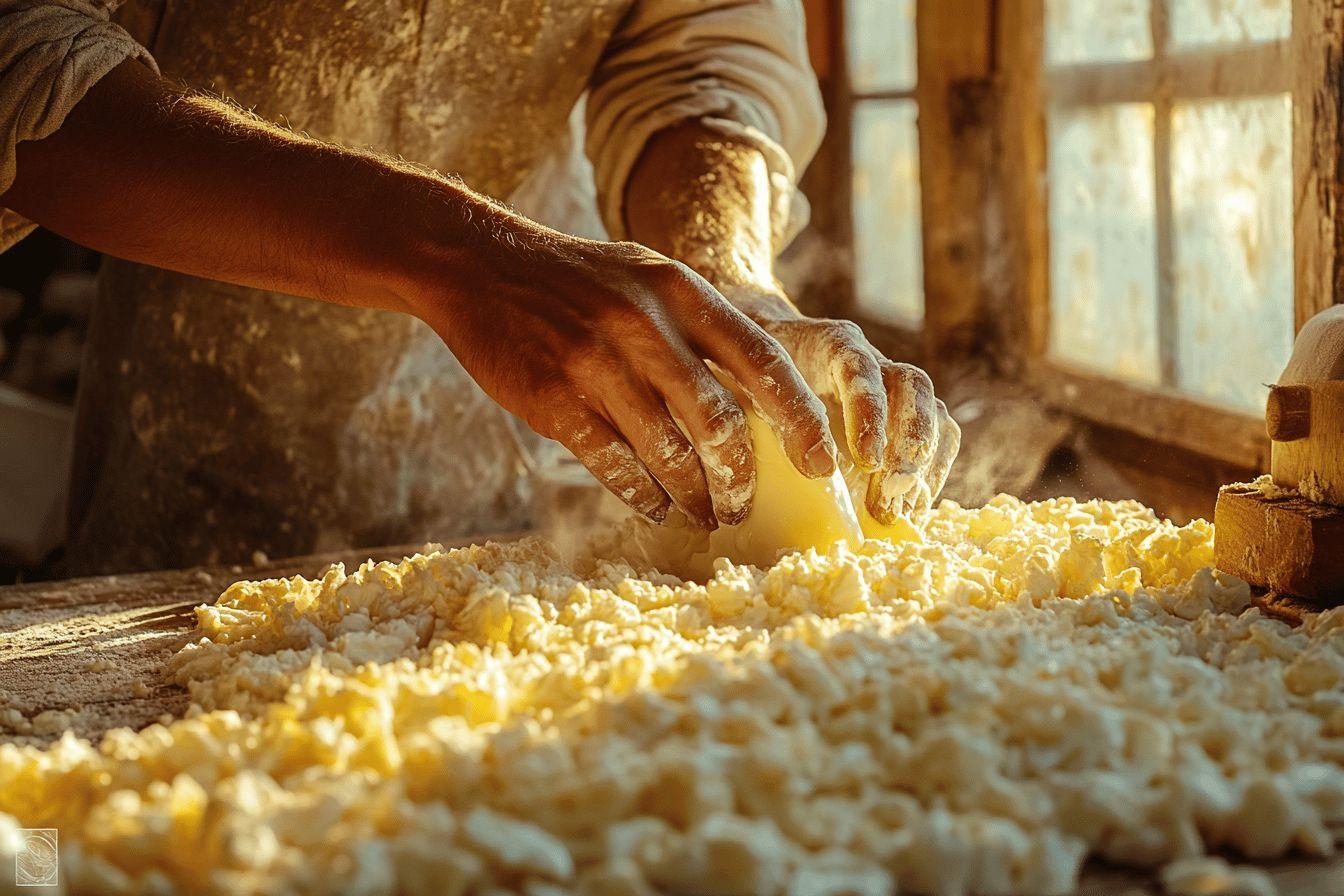 Main travaillant la pâte de fromage sur table rustique