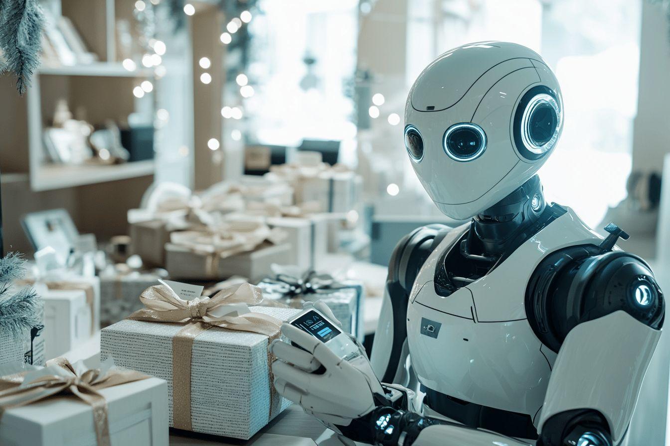 Robot blanc manipulant des boîtes-cadeaux dans un décor festif