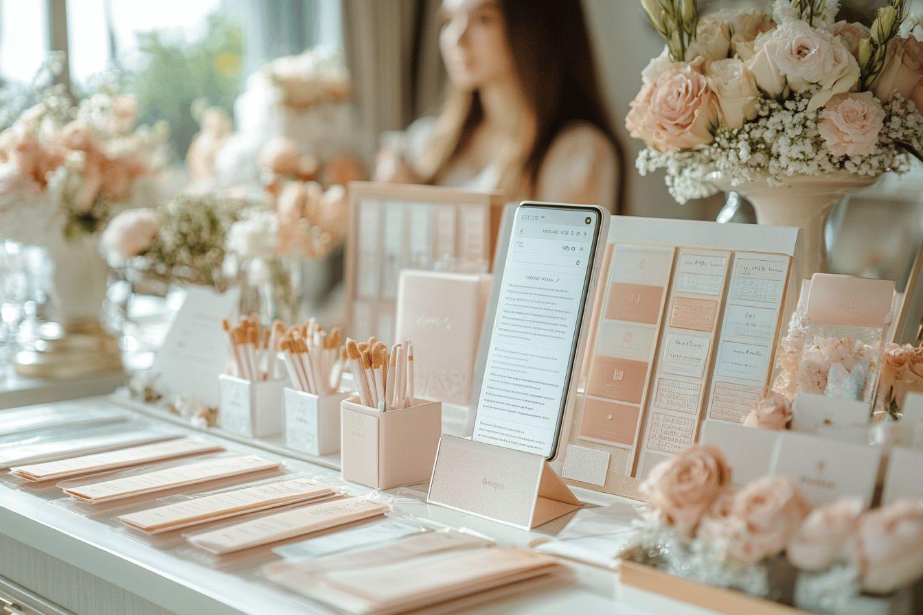 Table décorée de fleurs et documents pour événement nuptial