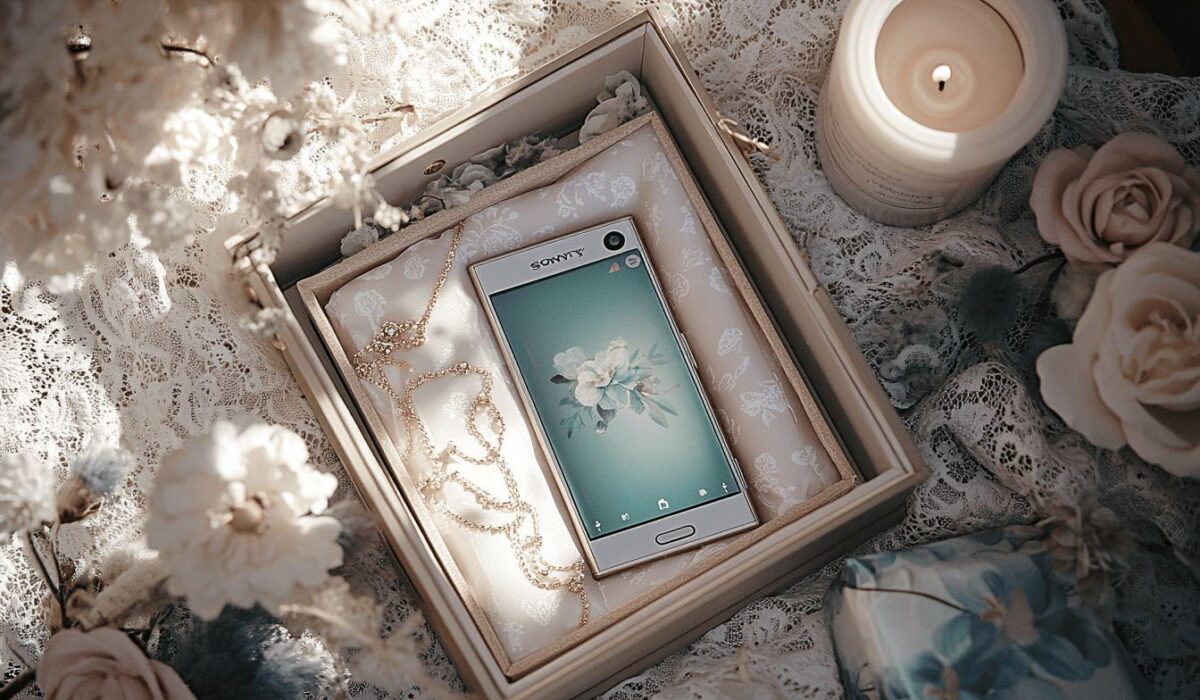 Smartphone Sony posé sur dentelle avec roses et bougie