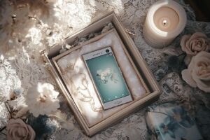 Smartphone Sony posé sur dentelle avec roses et bougie