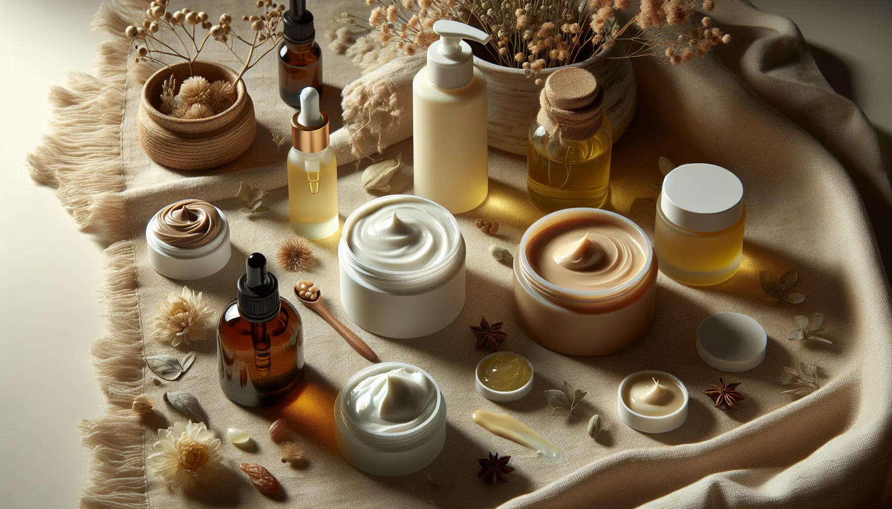 Gros plan sur textures de creme huile et gel posees sur tissu doux, ambiance naturelle, box beaute ado, coffret beaute adolescente