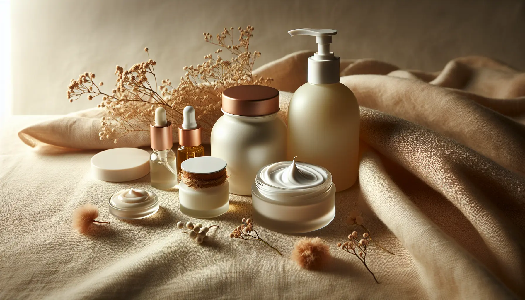 Gros plan sur textures de creme huile et gel posees sur tissu doux, ambiance naturelle, box beaute ado, coffret beaute adolescente
