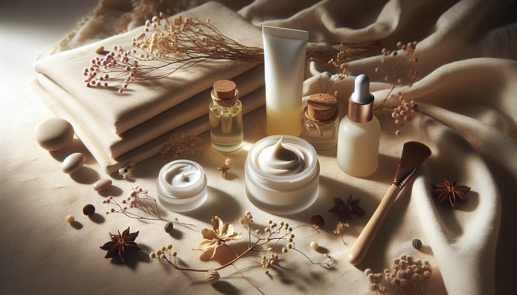 Gros plan sur textures de creme huile et gel posees sur tissu doux, ambiance naturelle, box beaute ado, coffret beaute adolescente