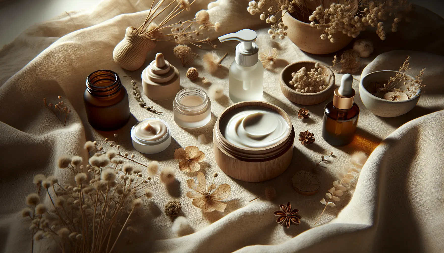 Gros plan sur textures de creme huile et gel posees sur tissu doux, ambiance naturelle, box beaute ado, coffret beaute adolescente