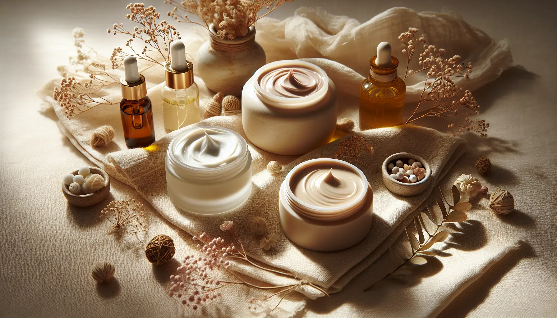 Gros plan sur textures de creme huile et gel posees sur tissu doux, ambiance naturelle, box beaute ado, coffret beaute adolescente