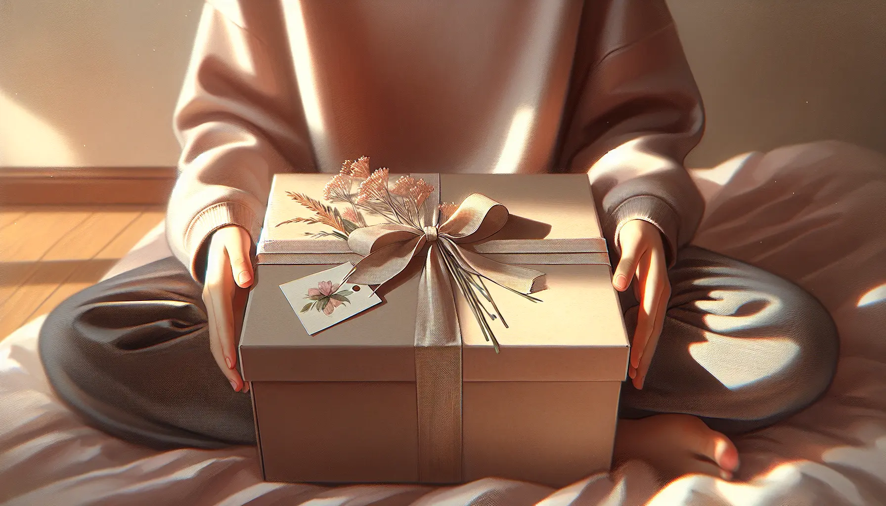 Jeune personne anonyme ouvrant une box beaute ado sur les genoux, moment intime et pastel, idee cadeau anniversaire ado