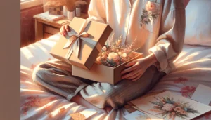 Jeune personne anonyme ouvrant une box beaute ado sur les genoux, moment intime et pastel, idee cadeau anniversaire ado